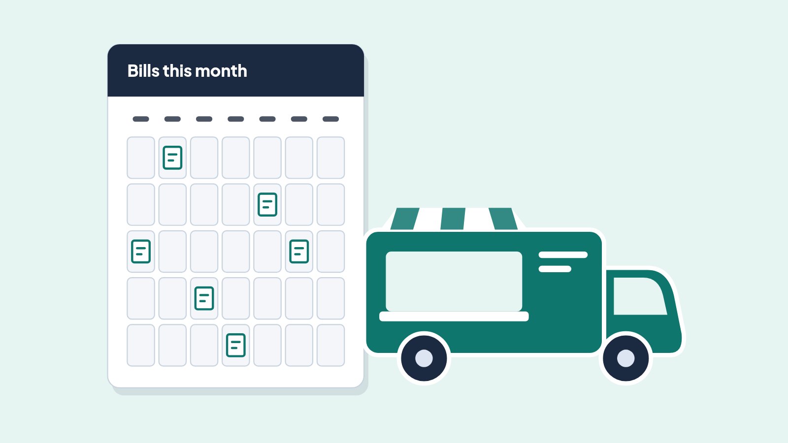 Illustration of a teal food truck beside a monthly calendar with bills marked on several days.