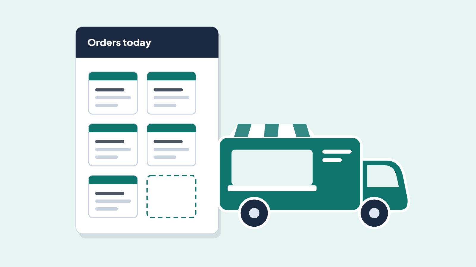 Illustration of a teal food truck beside a card of order tickets with an empty slot for the next order.