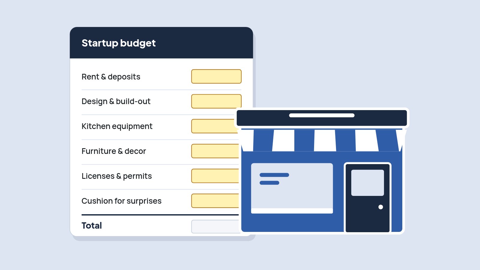 Illustration of a startup budget sheet with blank amounts for rent, build-out, kitchen equipment, furniture, permits and a cushion, beside a blue restaurant storefront.