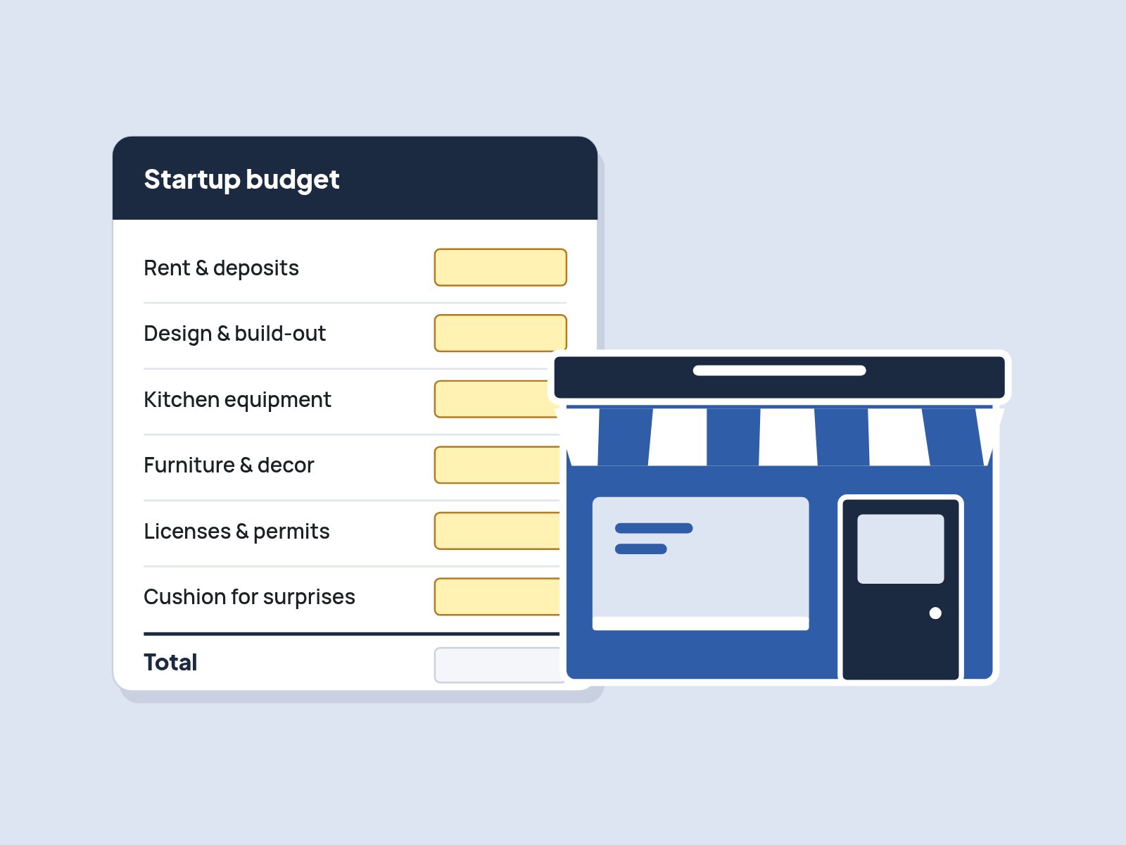 Illustration of a startup budget sheet with blank amounts for rent, build-out, kitchen equipment, furniture, permits and a cushion, beside a blue restaurant storefront.