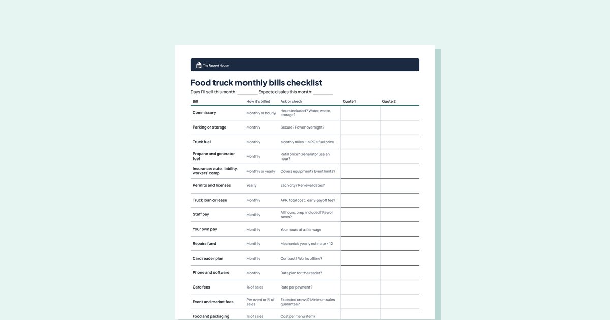 Preview of the printable Food truck monthly bills checklist, a one-page table of monthly bills with columns for how each is billed, what to ask, and two blank quote columns.