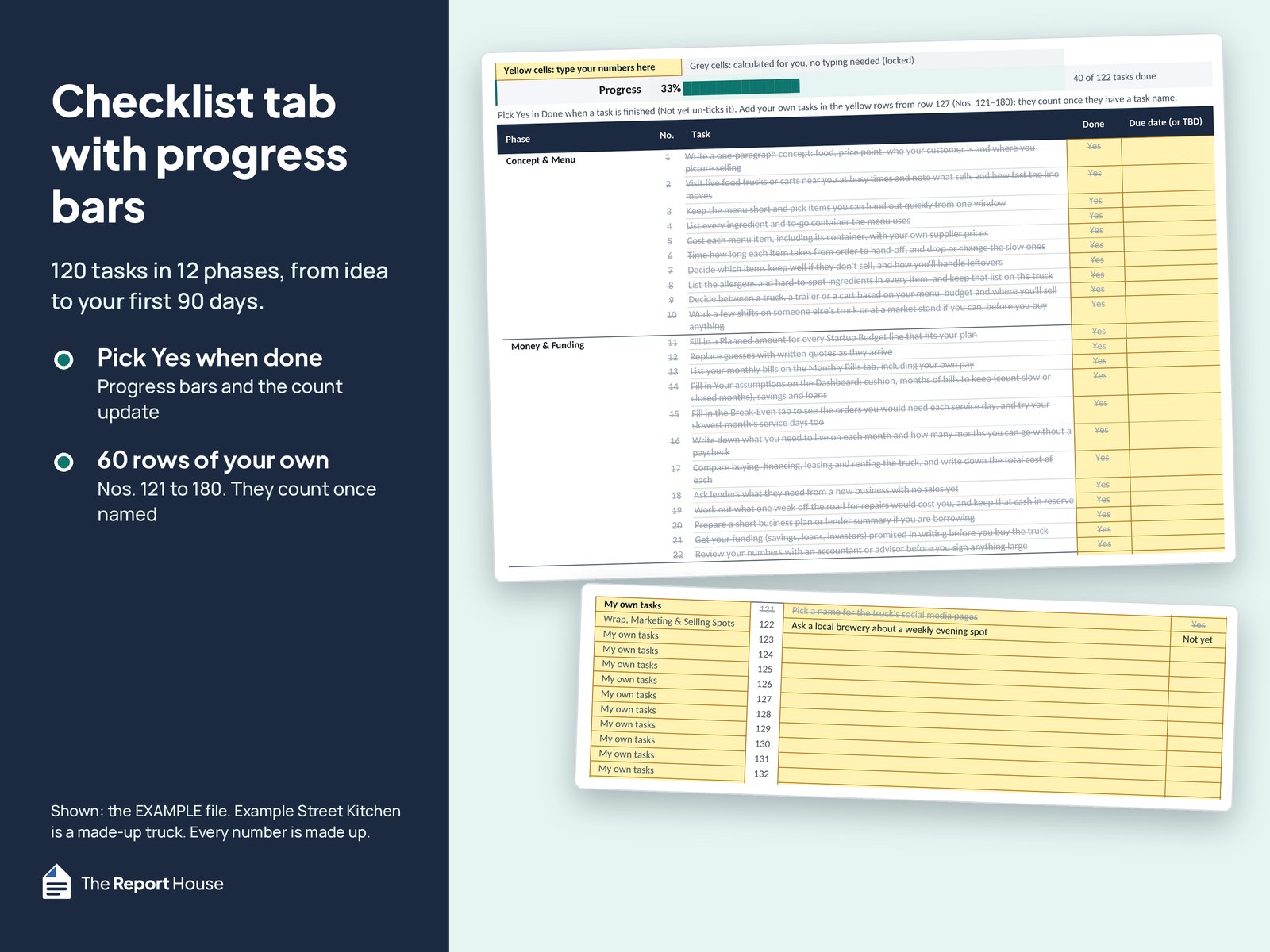 Checklist tab with a 33% progress bar, finished tasks marked Yes, and the yellow 'My own tasks' rows numbered from 121.