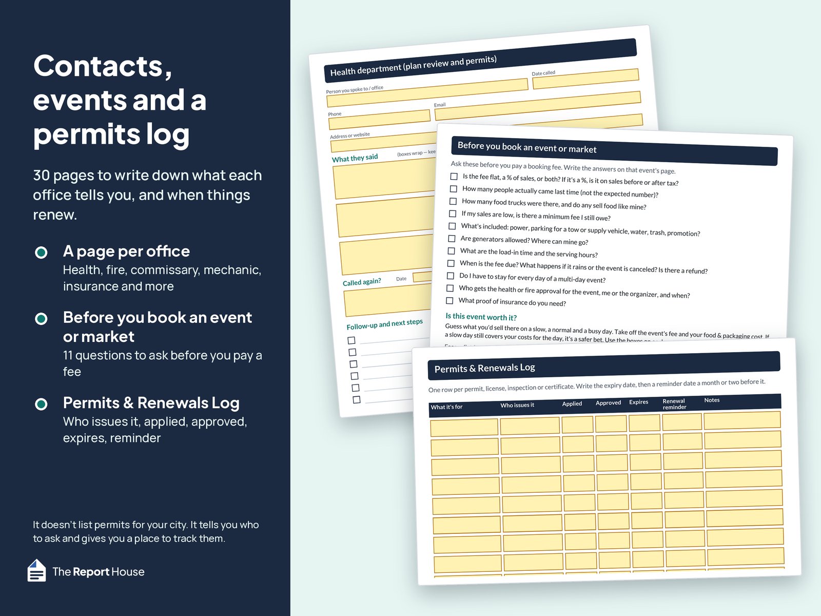 Three Local Contacts Workbook pages: a health department contact page, the 'Before you book an event or market' questions, and the Permits & Renewals Log.