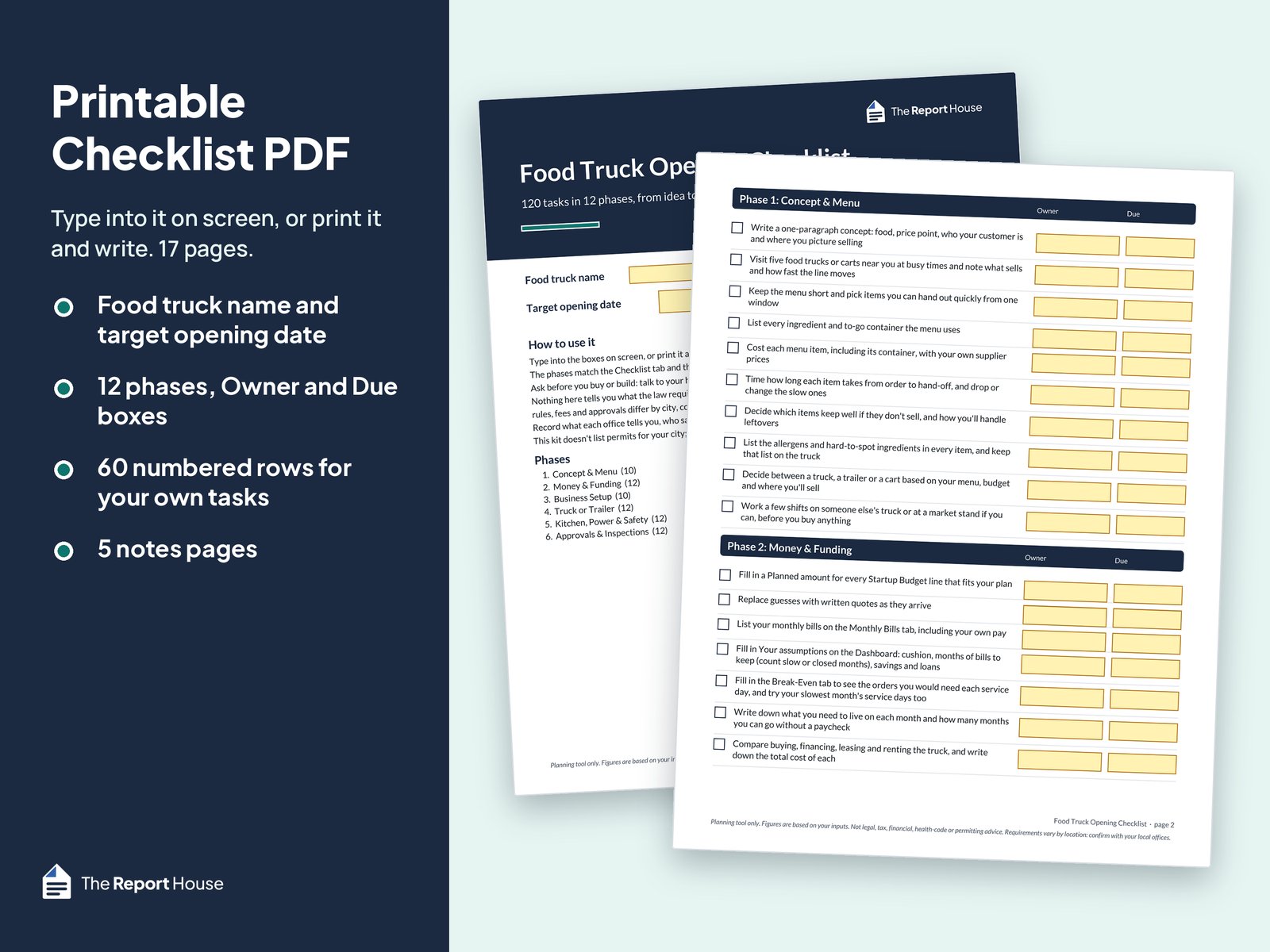 Food Truck Opening Checklist PDF: the cover with name and target opening date boxes, and the Phase 1 and 2 task page with Owner and Due boxes.